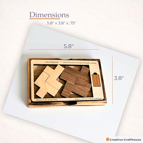 Creative Crafthouse Outback Puzzle, Stewart Coffin Wood Brain Teaser, Hard | A packing design numbered 222. Five cherry and maple pieces have just one known solution, a tough desk challenge, made in USA - style: Brain teaser