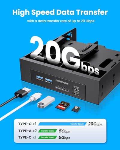 GRAUGEAR 5.25” Front Panel USB Hub, Internal SD/microSD Card Reader for Desktop PC, Gen2x2 20Gbps USB-C Port, Dual 2.5" SSD/HDD Slots, USB3.2 Type-E Key-A & USB3.0 19-Pin Header