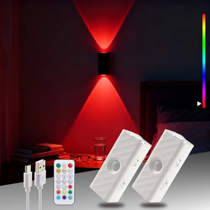 DAMI RGB Motion Sensor Night Light, Magnetic Rechargeable Wall Light with 10 Colors, Up Down Ambient Sconce, Stepless Dimming, 3 Timers, Wireless Stick-On LED for Bedroom, Gaming Room, Closet, Stairs