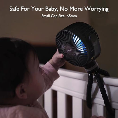 Momcozy 8000mAh Portable Stroller Fan | 27H Ultra-long Battery Life | Detachable 4 Speed 360°Rotate | 2 Modes LED Night Light, USB Rechargeable Handheld Cooling Fan for Travel, Car Seat, Bedroom - color: Black