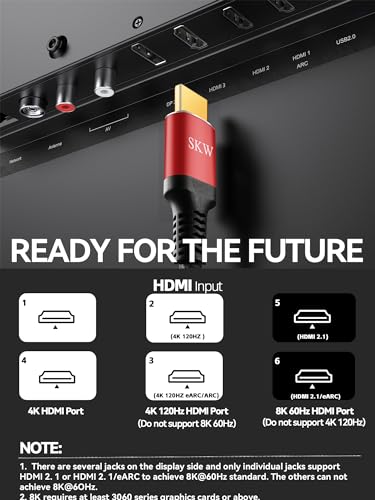 SKW 8K@60 Long HDMI Cable 16.4FT/5M, 48Gbps 2.1 High Speed Gaming HDMI Cord 4K120 144Hz RTX 3090 eARC HDCP 2.2&2.3 Compatible for PS5, SoundBar, AVR, UHD TV - size: 16.4ft/5m