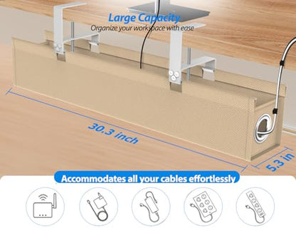 [Upgraded] Large Under Desk Cable Management Tray No Drill, Suolaao 30" Cord Organizer with Oxford Fabric, Clamp Mount, Holds 30 lbs, Large Cable Rack for Gaming & Home Office Standing Desk