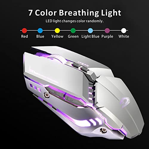 TENMOS T12 Wireless Gaming Mouse Rechargeable, 2.4G Silent Optical Wireless Computer Mice with Changeable LED Light for Laptop PC, 7 Buttons, 3 Adjustable DPI (Silver) | 2.4GHz Optical, 7 Color LED Lights, Quiet Click,Side Buttons,3 Adjustable DPI,Ergonom