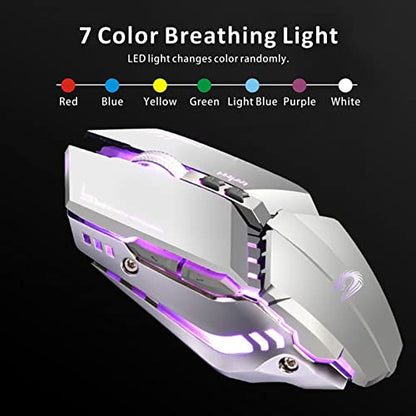 TENMOS T12 Wireless Gaming Mouse Rechargeable, 2.4G Silent Optical Wireless Computer Mice with Changeable LED Light for Laptop PC, 7 Buttons, 3 Adjustable DPI (Silver) | 2.4GHz Optical, 7 Color LED Lights, Quiet Click,Side Buttons,3 Adjustable DPI,Ergonom