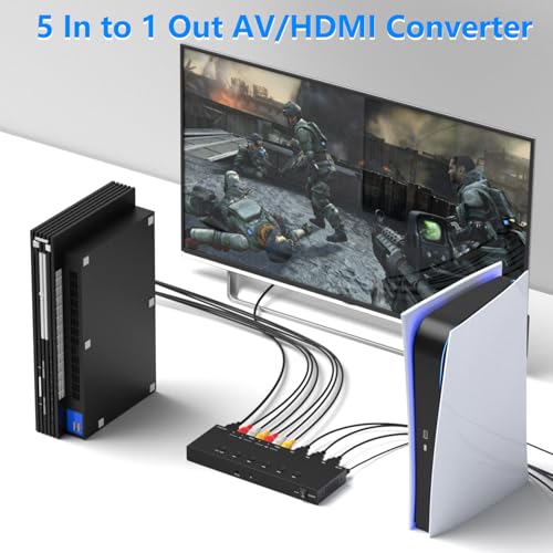 5 in to 1 Out RCA/HDMI Switcher，3 Way HDMI 2.0 + 2 RCA to HDMI Converter, Support 4:3/16:9 4K and 3D for PS1/2/3/4/5, N64, SNES, Switch, DVD, Roku, etc. - color: 5 in to 1 Out RCA/HDMI Switcher