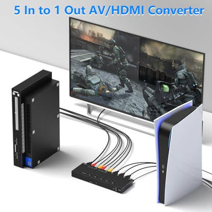 5 in to 1 Out RCA/HDMI Switcher，3 Way HDMI 2.0 + 2 RCA to HDMI Converter, Support 4:3/16:9 4K and 3D for PS1/2/3/4/5, N64, SNES, Switch, DVD, Roku, etc. - color: 5 in to 1 Out RCA/HDMI Switcher