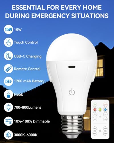 WirelessGlow Rechargeable Light Bulbs with Remote, 3 Color Temperatures and Dimmable Battery Operated Light Bulbs, Touch Control + USB Rechargeable Battery Light Bulb, A19, 1 Pack - color: 3000k-4000k-6500k, size: 1 Count (Pack of 1)