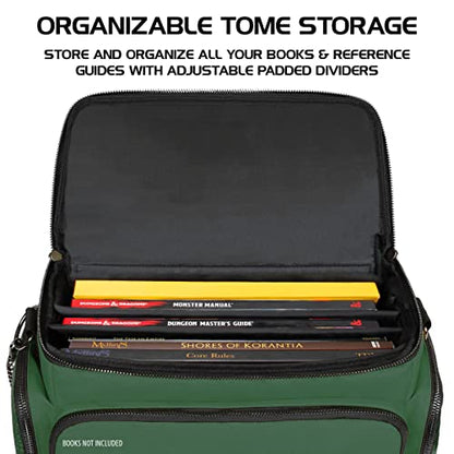 ENHANCE Collector's Edition RPG Adventurer's DnD Bag - Dragon Hide Exterior Travel RPG Bag with Tabletop Miniatures Storage Vault, Mat Holder, DnD Dice & Token Pockets, Fits 4-8 Books (Dragon Green) - color: Green Dragon