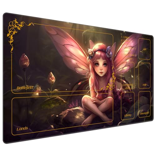 DEGDFSGR for MTG Playmat with Zones 24 x 14 inches for TCG Playmats Non-Slip Rubber Base Commander Play Mat for Card Play mat Iorcana Trading Card Game, Pink Fairy Sitting Flower Meadow - color: Pink Fairy Sitting Flower Meadow, size: 24" x 14"