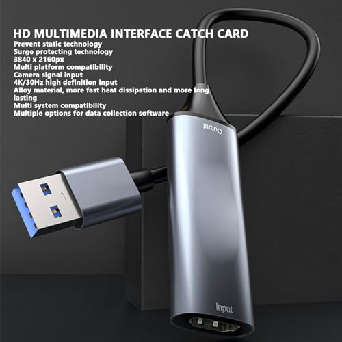 4K Video Capture Card, HDMI to USB3.0 with 1080P 60Hz Output, No External Power Needed, for Gaming Live Streaming Recording