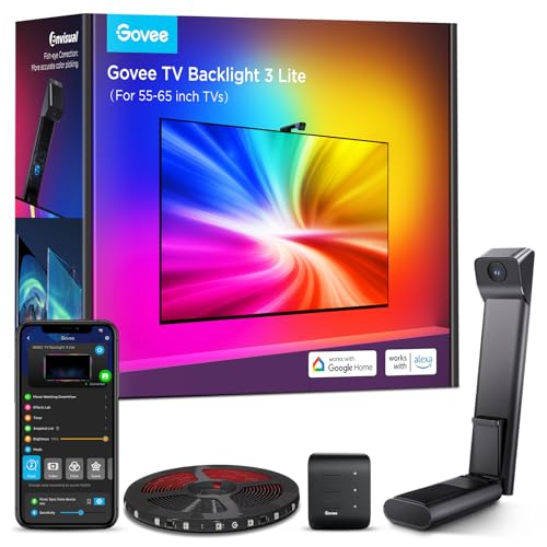 Govee TV Backlight 3 Lite, 11.8ft LED Strip Lights Sync with 55-65 Inch TVs | Upgraded Camera with Fish-Eye Correction Function, RGBICW Screen Sync Lighting, 4 Colors in 1 Lamp Bead, Voice & APP Control - size: 11.8FT for 55''-65'' TV