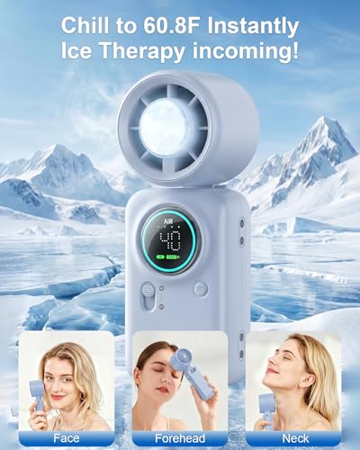 Handheld Turbo Fan with Ice Cooling, 20000 RPM Personal Fan with Stepless Speed, 6000mAh Rechargeable Up to 20H, LED Display Mini Fan for Office Desk Home Watching Game Outdoor Travel - color: Blue