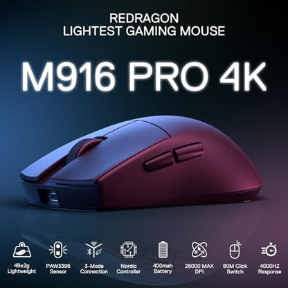 Redragon M916 PRO 3-Mode Wireless Gaming Mouse, Hype-Speed 4K Polling Rate, 49G Ultra-Light 26K DPI Mouse w/Ergonomic Natural Grip Build, Redefinable Macro Buttons, Software Supported - color: Black, style: 4K Hz