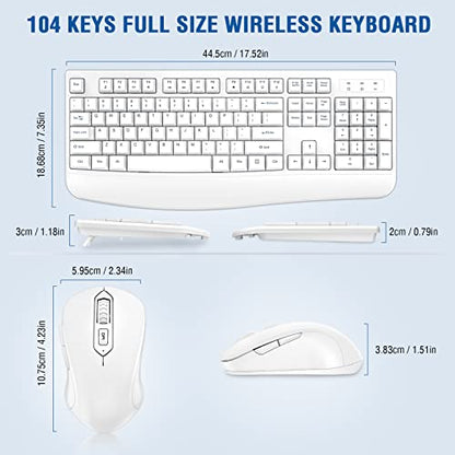 Wireless Keyboard and Mouse Combo, EDJO Full-Sized Ergonomic Computer Keyboard with Wrist Rest and 3 Level DPI Adjustable Wireless Mouse for Windows, Mac OS Desktop/Laptop/PC (White) - color: White