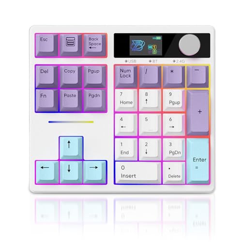X BOYI TD31Pro Mechanical Number Pad,30 Keys Hot Swap Wireless BT5.0/2.4GHz/Type-C Wired Numeric Keypad Programmable RGB Gaming Numpad Keyboard with Knob Screen for Laptop/Mac (White-Purple) - color: White-Purple