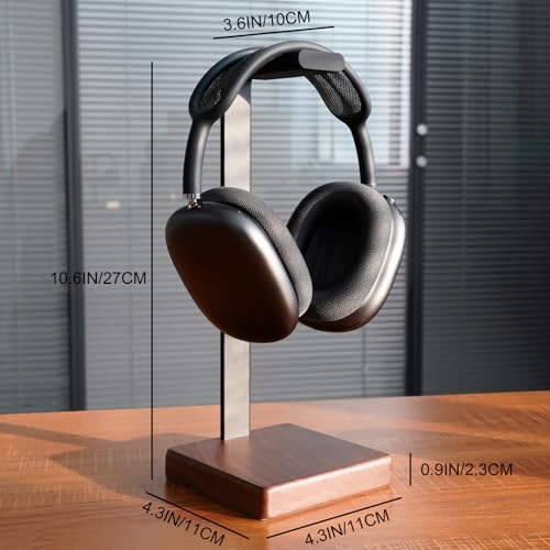 GEVO Headphone Stand Headset Holder - Headset Metal Mount Rack for Desk with Walnut Wooden Square Base for Gaming, AirPod Max, Bose, Sony, Razer, Jabra, JBL