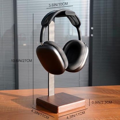 GEVO Headphone Stand Headset Holder - Headset Metal Mount Rack for Desk with Walnut Wooden Square Base for Gaming, AirPod Max, Bose, Sony, Razer, Jabra, JBL