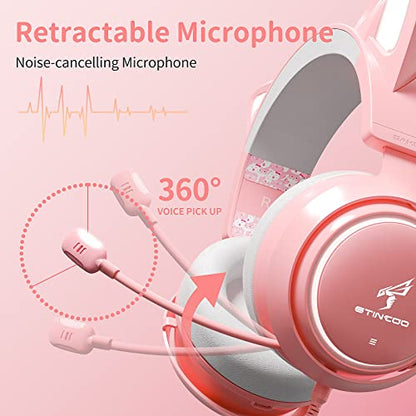 EASARS Pink Gaming Headset GS510, Wired, Over Ear, Cat Ear Design with RGB Lighting, 7.1 Surround Sound, Retractable Mic, Compatible with PC, PS4, PS5 - color: Pink, style: Wired