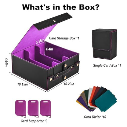 Cieex Trading Card Storage Box with Handle, 3-Row Cards Box for Sport Card | Fits 2100+ Single Sleeved, Commander Cards Box for MTG TCG, Foldable Card Holder with 1 Small Card Case 10 Divider 3 Stopper