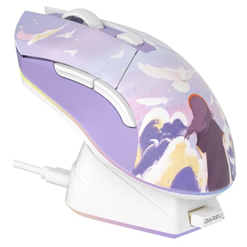 DAREU Wireless Gaming Mouse with Charging Dock Rechargeable RGB,12K DPI,6 Programmable Buttons High-Precision Sensor [300IPS] [1000Hz] for PC Notebook Mac - color: Dream Purple & Charging Dock