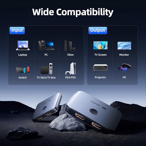 llano HDMI 2.1 Switch 2 in 1 Out 8K@60Hz 4K@120Hz, HDMI Switcher 48Gbps Bidirectional, Supports VRR HDR10 Dolby Atmos, for PS5 Xbox Apple TV Roku Switch 2, Aluminum Alloy Case