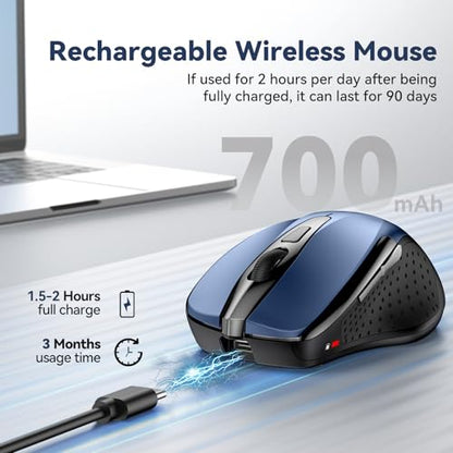 TechRise Bluetooth Mouse (BT5.0/3.0 & 2.4G) Rechargeable Wireless Mouse, 4800 DPI Optical Tracking, 6 Adjustable DPI, 2.4GHz with USB A Receiver, Quiet Clicks, Ergonomic Grips, 6 Buttons - Blue - color: Blue