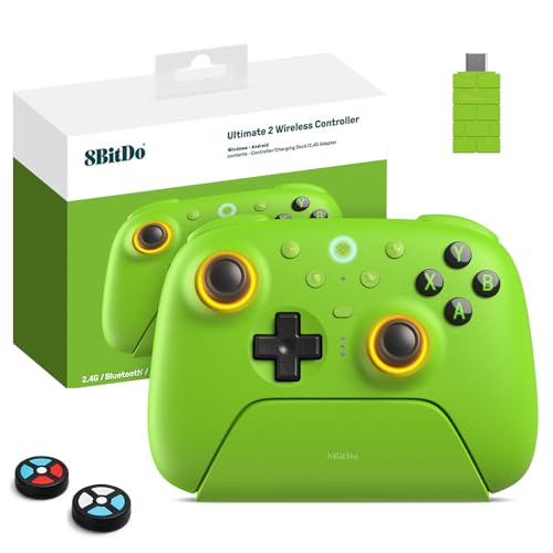 8Bitdo Ultimate 2 Wireless 2.4G Controller (Green) | For Windows PC, Apple, Steam & Android, TMR Joystick, Star-Ring RGB Lights, Adjustable Trigger Locks, Charging Dock Included - color: Green