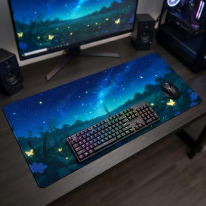 XXL Gaming Mouse Pad 23.6x11.8 inch,Dazzling Starry Sky Landscape Theme Desk Mat,Glowing Butterfly Flower Scene Large Mousepad,Fantasy Artistic Keyboard Mouse Mat (Deep Indigo Starry Sky) - color: Deep Indigo Starry Sky