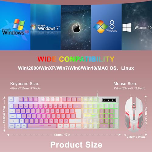 BlueFinger RGB Gaming Keyboard and Backlit Mouse Combo, USB Wired, LED Gaming Set for Laptop PC Computer Game and Work (White & Pink) - color: White & Pink