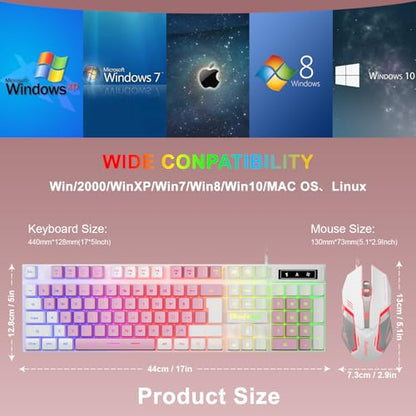 BlueFinger RGB Gaming Keyboard and Backlit Mouse Combo, USB Wired, LED Gaming Set for Laptop PC Computer Game and Work (White & Pink) - color: White & Pink