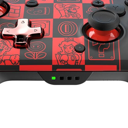 PDP REMATCH GLOW Enhanced Wireless Nintendo Switch Pro Controller, Rechargeable 40 hour battery power, Dual Programmable Gaming Buttons, 30-foot Connection, Super Mario Icon (Black/Red Glow in the Dark)