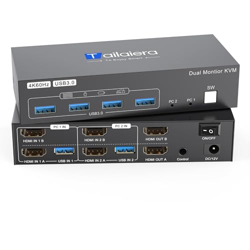 HDMI Kvm Switch 2 Monitors 2 Computers 4K@60Hz Dual Monitor KVM Switches 2 Ports for 2 PC Sharing 4 USB3.0 Port Mouse Keyboard and 2 Screens with USB 3.0 Cables and Extended Controller - color: Black, size: 13.8 cm