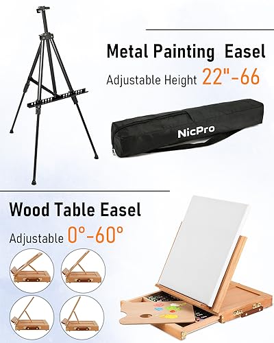 Nicpro 158PCS Deluxe Art Painting Kit with Metal and Solid Beech Wood Easel, Acrylic, Oil & Watercolor Paint Set, Paint Brushes, Canvas, Palette, Paper Pad, Professional Art Set for Adults Artist