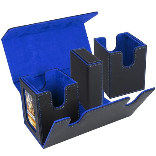 AFIING MTG Commander Card Storage Box - Fits 200 Double Sleeved Cards,3-in-1Card Deck Case,Strong Magnet Card Organizer For Magic Commander TCG CCG,4Dividers &2 Toploaders, Black/Blue - color: Black Blue