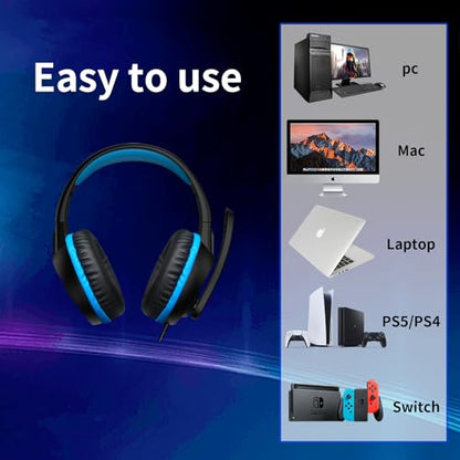 B3 Gaming Headset for Nintendo Switch, Xbox One, PS4, Mega Bass Surround and Noise Cancelling 3.5mm Jack Over Ear Headphones with Mic for Laptop PC Smartphones Blue - color: Blue
