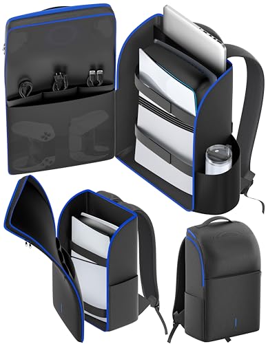 LVVIL PS5/ Slim/ Pro Console Backpack, Full Protection Carrying Case, Large Capacity Storage Bag, Dual Controllers, PS Portal, Laptop, Game Cards, 3 Cable Pouch, Ocean Blue - color: Ocean Blue