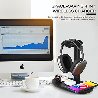 Headphone Stand with 15w Wireless Charger, Suguder 4 in 1 Charging Station Headset Holder for AirPods Max/Pro/4/3/2 iWatch 10/9/8/7/6/5/4/3/2/1/SE iPhone 17/16/15/14/13/12/11/X for Desktop Table Game - color: Black