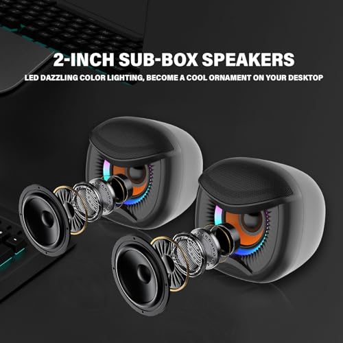 2.1 Computer Speakers, Gaming Stereo System with RGB Subwoofer, Wired USB Powered 3.5mm Auxiliary Speakers for PCs, Laptops, Tablets, Phones - Black