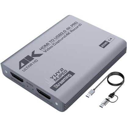 4K HDMI Video Capture Card with Loop-Out, USB 3.0, 1080P 60FPS/2K 30FPS, Audio & Video Streaming Capture Device for PS5, Switch, Camera, PC, Compatible with OBS