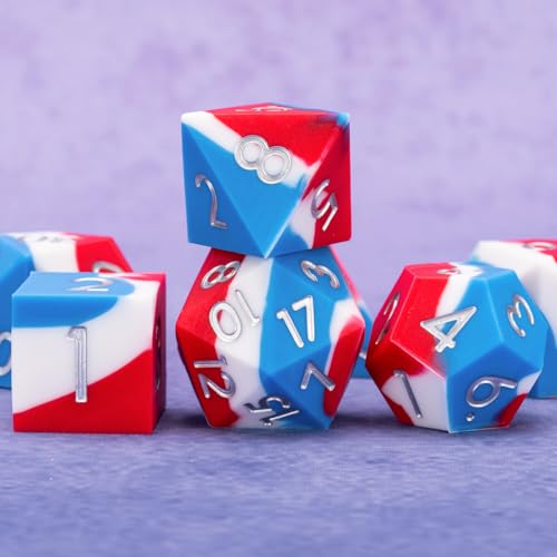D&D Silicone Rubber Polyhedral DND Dice Set,Sharp Edges Soft Perfect Bouncer for Dungeons and Dragons, RPG, MTG (D4, D6, D8, D10, D12, D20, D%) for Ages 15 and Up - color: Blue White Red