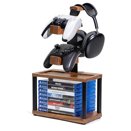Solid Wood Headphone Stand & Controller Holder with Video Game Storage Base | 4-in-1 Gaming Equipment Accessories for Xbox one/PS5/PS4 Controller - Save Desk Space for Gamer Room and Decor Gift for Men