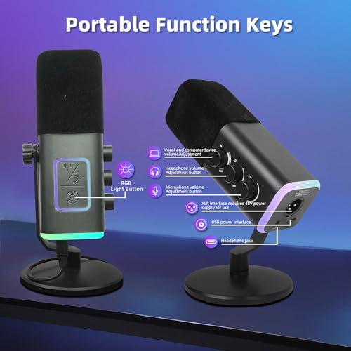 VCOM XLR/USB Gaming Microphone for PC,Dynamic Computer Mic for Streaming Podcasting,RGB Light, Mute Button, Headphones Jack, Desktop Stand, Vocal Mic for Singing YouTube TikTok Streaming