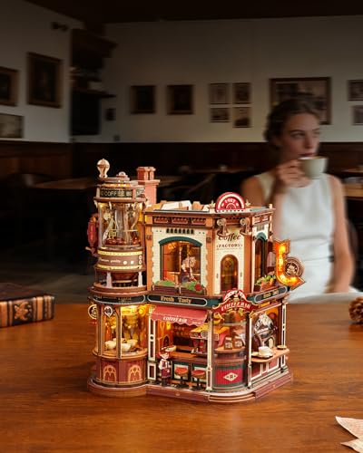 ROKR Moving Dream Coffee Factory DIY Miniature House Kit - 3D Wooden Puzzles for Adults with Music Box & LED Lights, No Glue Kinetic Model Building Kit, Unique Home Decor Gifts for Adults Women Men