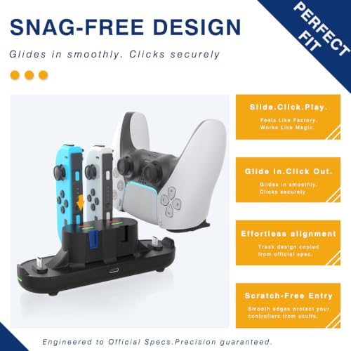 Switch Controller Charger for Nintendo Switch, Charging Dock with JoyCon/Pro / PS5 Controller, Charger Station with LED Indicator and Charger Cable for JoyCons, 6 in 1 Nintendo Charging Dock - size: 80cm