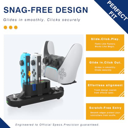 Switch Controller Charger for Nintendo Switch, Charging Dock with JoyCon/Pro / PS5 Controller, Charger Station with LED Indicator and Charger Cable for JoyCons, 6 in 1 Nintendo Charging Dock - size: 80cm