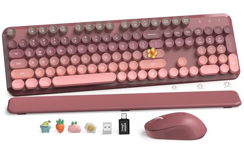 Wireless Keyboard and Mouse Combo, Round Keycaps, Full-Size Retro Typewriter Keyboard with Magnetic Wrist Rest, Tilt Legs, 2.4GHz Cordless for Mac, Windows PC, Laptop, SABLUTE CK23, Dusty Rose Ombre - color: Dusty Rose Ombre