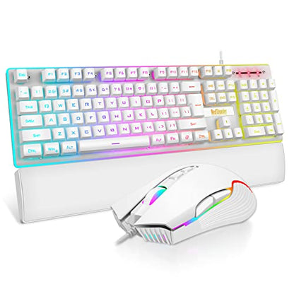 RedThunder K10 Wired Gaming Keyboard and Mouse and Wrist Rest Combo, RGB Backlit, Mechanical Feel Anti-ghosting Keyboard + 7D 7200 DPI Mice+Soft Leather Wrist Rest 3 in 1 PC Gamer Accessories(White) - color: White