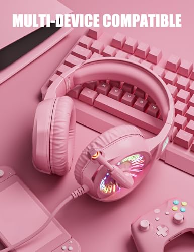 ZIUMIER Wired Pink Gaming Headset for PC, PS5, PS4, Xbox Series X|S | Noise Canceling Microphone, LED RGB Light, 50mm Driver, 3.5mm Audio Jack, Soft Memory Foam, Multi-Platform Headphones - color: Pink