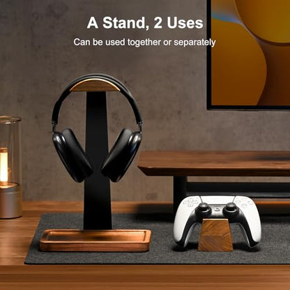 UPERGO Walnut Headphone Stand with Controller Holder & Storage Base | Solid Wood Grain, Gear & Charger Storage, Gamer Gift for PS5 Xbox Controllers, Desk Accessories