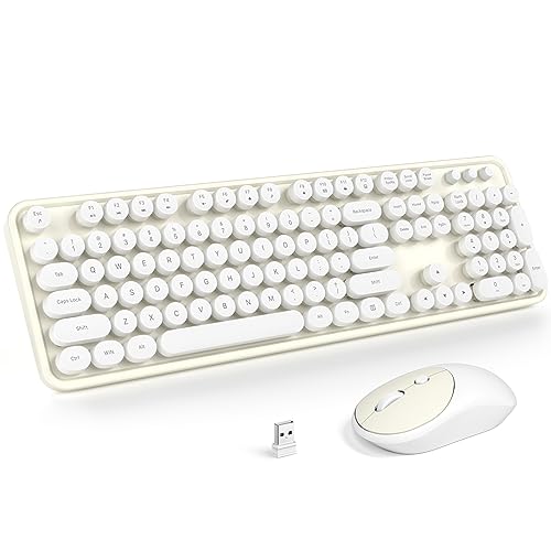 MOFII Wireless Keyboard and Mouse Combo, Computer Full Size 2.4G Plug and Play Wireless Typewriter Retro Round Keyboard and Mouse Set for Windows, Computer, Desktop, PC, Notebook - (Off White) - color: Off White